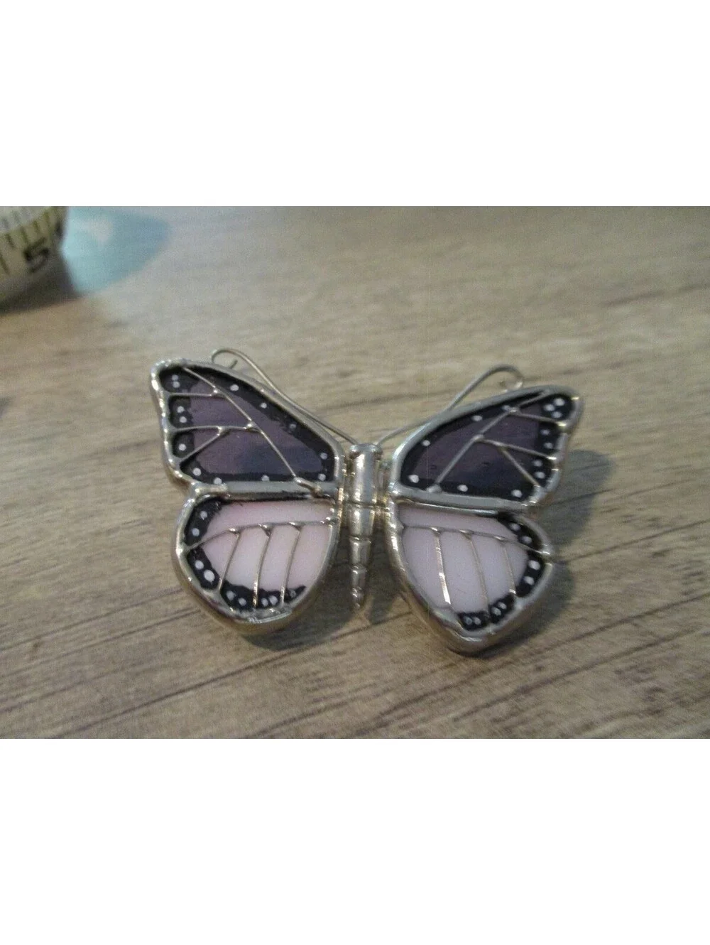 VTG 1980s Stained Glass Look Butterfly Brooch Pin Purple Pink Silver Tone Wing